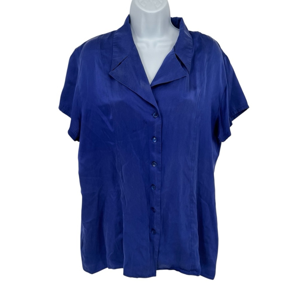 Vintage Diana Marco 100% Silk Navy Blue Button-Down Short Sleeve Shirt Size 16